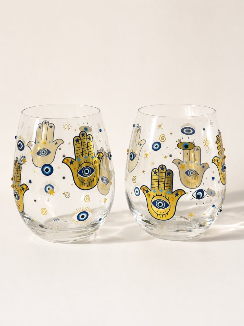LOVE + LIGHT Wine Glasses Set Of 2 Hamsa Stemless Hamsa Evil Eye Stemless